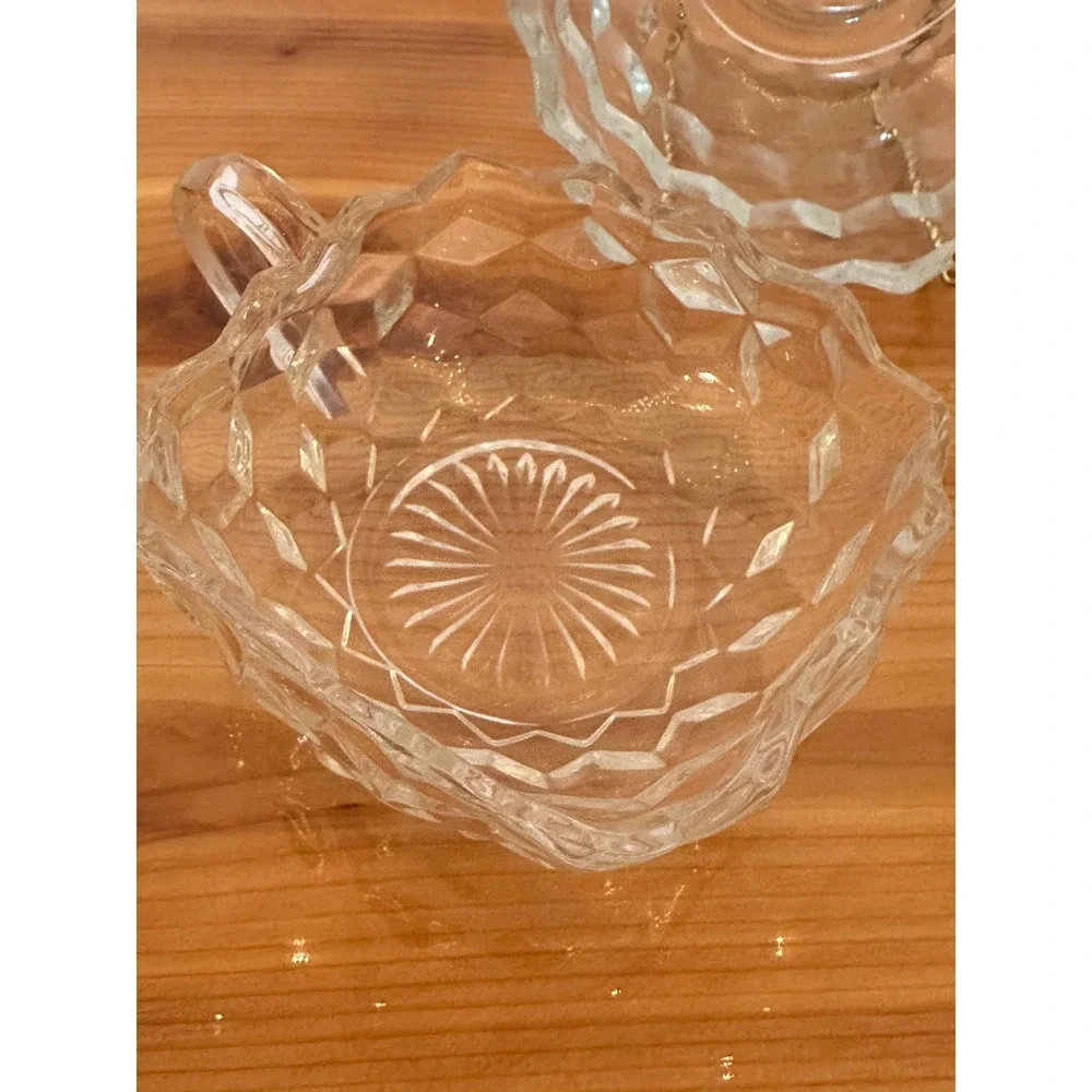 Vintage Pressed Glass Fostoria Cubist Design Nappy Bowl Set Diamond Point MCM
